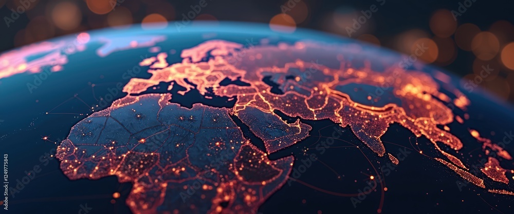 Poster animated globe displays global airline routes. network of flight paths highlight international trans
