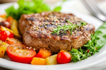 Grilled steak served with fresh vegetables and herbs