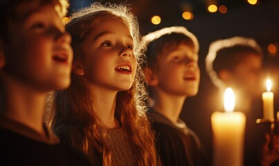 Fototapeta premium Young choir singing carols in a candlelit church, their faces glowing with warmth and passion.