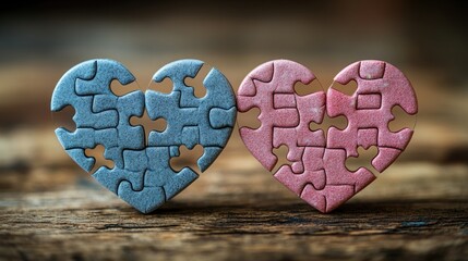 A couple assembles a heart-shaped puzzle together, a metaphor for building love and understanding in a relationship