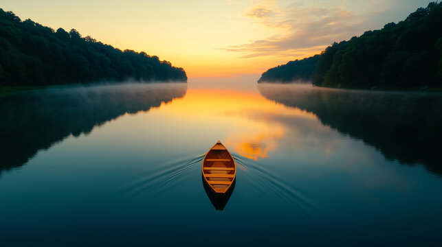 Morning calm on a serene lake with a single canoe gliding through the mist at sunrise