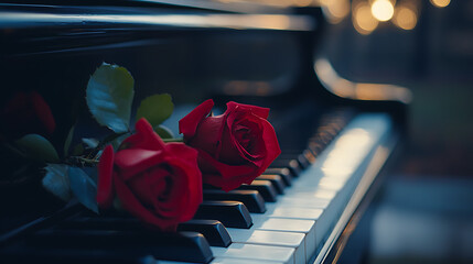 Red Roses Resting On Piano Keys At Sunset