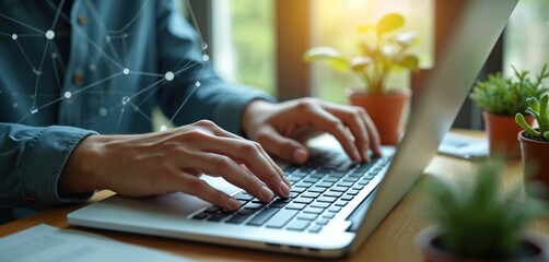 Person types on laptop. Hands on keyboard. Online renewable energy course. Study eco tech. Future career shift. Focus on eco solutions. Sustainable business concept. Workplace learning. Modern tech