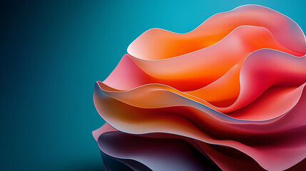 Colorful abstract art piece depicting layered waves in vibrant shades of orange and pink against a blue background