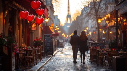 beautiful couple with balls in the shape of hearts near Eiffel Tower, honeymoon in Paris, romantic moment