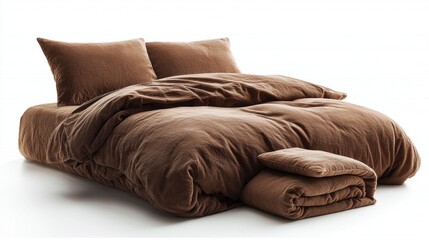 Soft brown duvet cover, layered with fluffy pillows, creates a warm and inviting atmosphere. The contrasting white background enhances the comfort and style of the bedding
