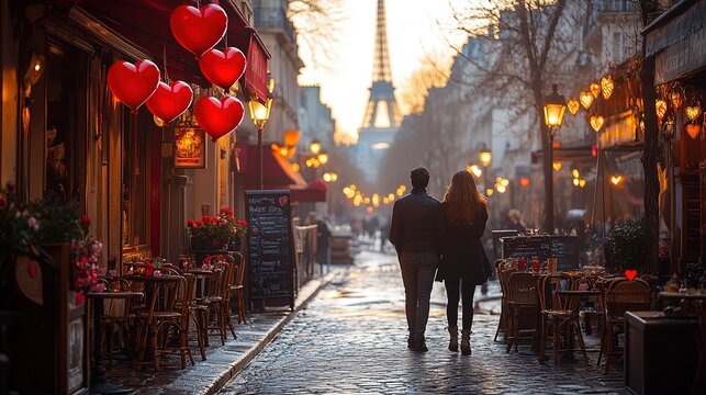 beautiful couple with balls in the shape of hearts near Eiffel Tower, honeymoon in Paris, romantic moment