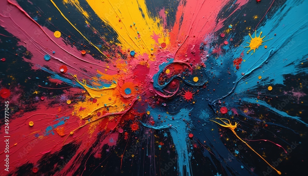 Poster abstract art piece with bright colours. paint splatters, streaks create dynamic visual explosion. vi