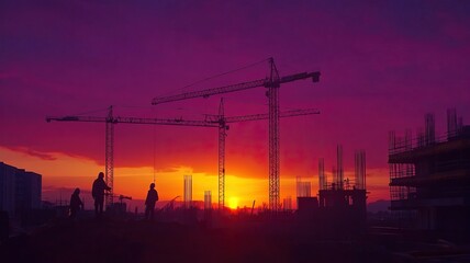 Silhouetted construction workers and cranes against vibrant sunset