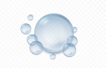 Transparent water and soap bubbles with a clear background. Cosmetic and skincare product designs.