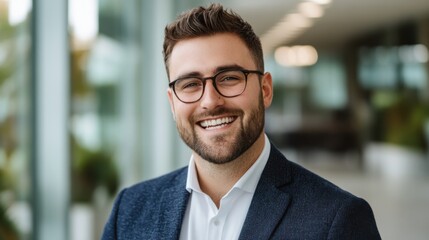 Fototapeta premium Smiling man in formal attire poses confidently in a modern office environment with greenery