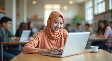 Young Asian woman in hijab smiles using laptop in library. Students study together in modern education center. Happy student works on computer. Modern education concept. Focus on modern young people.