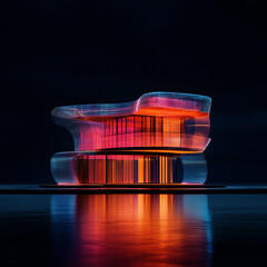 Illuminated modern architecture with vibrant colors displayed in a dark environment