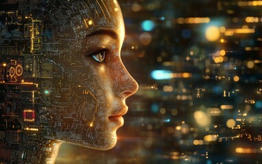 Close-up portrait of a futuristic cybernetic woman with golden glowing circuitry