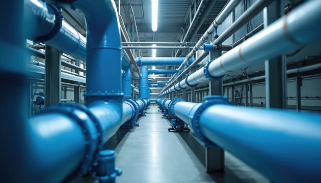 Industrial building interior shows network of blue pipes, rubber tubes on ceiling. Modern tech infrastructure apparent in arrangement. Water gas pipeline system likely. Soft shadows highlight