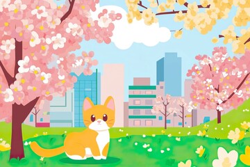 Orange cat sitting in a colorful spring park, cartoon