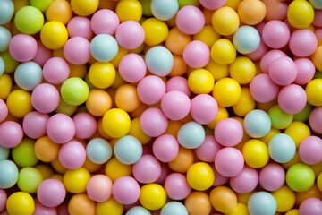 Colorful candy balls spread across a surface