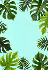 Vibrant tropical leaves on turquoise background, nature's beauty