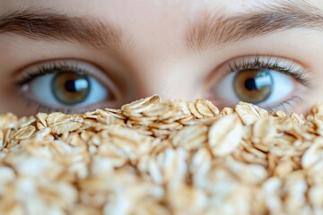 Close-up view of eyes peering over oatmeal