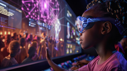 Obraz premium Young Girl Exploring Metaverse: A curious young girl wearing futuristic goggles interacts with a holographic display.