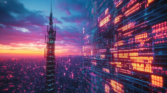 Futuristic city tower, digital wall sunset