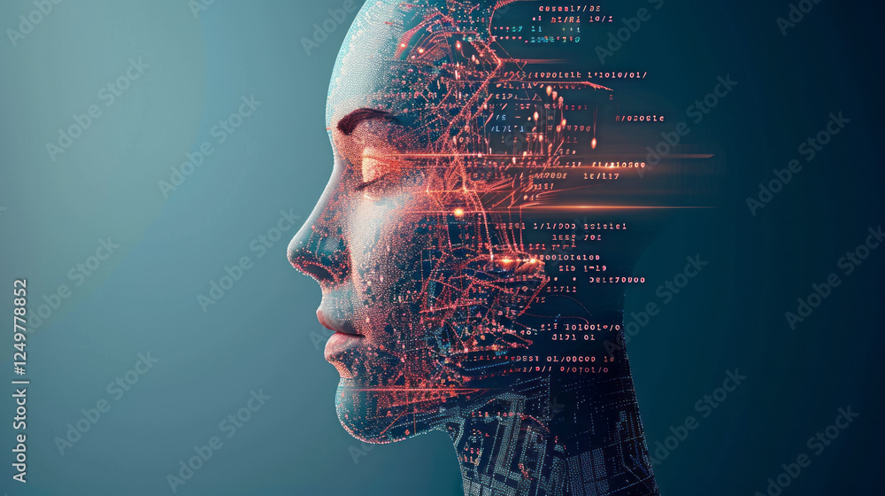 Poster digital consciousness: an abstract and thought-provoking image depicting a human face composed of in