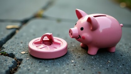Empty piggy bank with broken lid lying on cracked sidewalk , weathered, cracked, broken