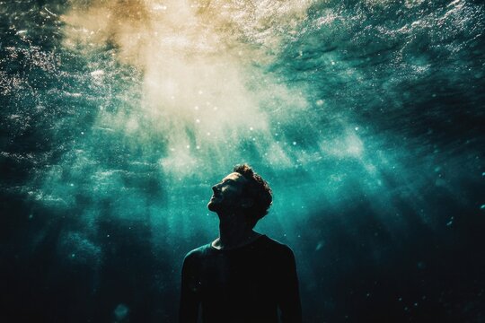 A mesmerizing underwater scene captures a figure gazing upwards, illuminated by spectacular rays of light breaking through the water's surface, evoking emotions of hope and awe.