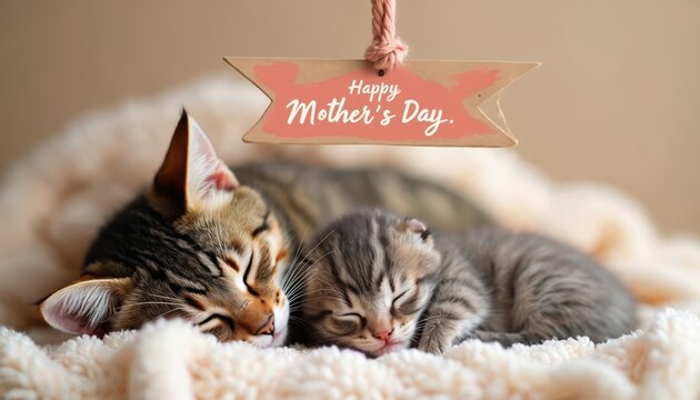 Mother cat and kitten sleep together on a soft blanket. Happy Mother Day banner is above. Cozy scene depicts family love and warmth. Perfect for Mother Day cards, animal lovers, and pet care products.