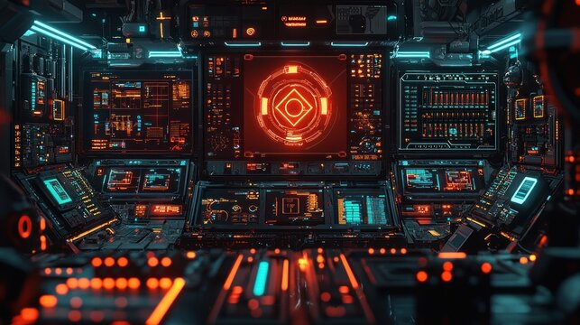 Futuristic cockpit interior with glowing displays and controls