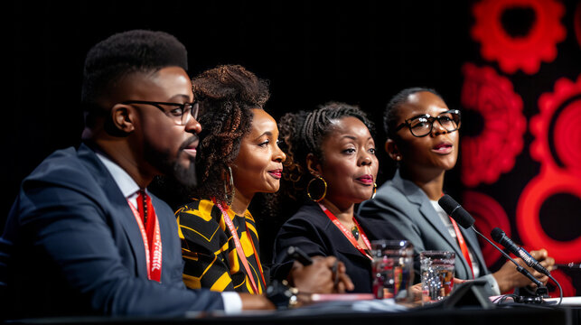 Panel Discussion:  Four accomplished professionals, diverse in backgrounds and styles, engage in a serious and insightful panel discussion. Their expressions convey depth and thoughtfulness.