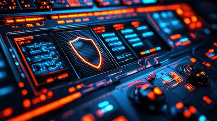 Futuristic cockpit interface with security shield display