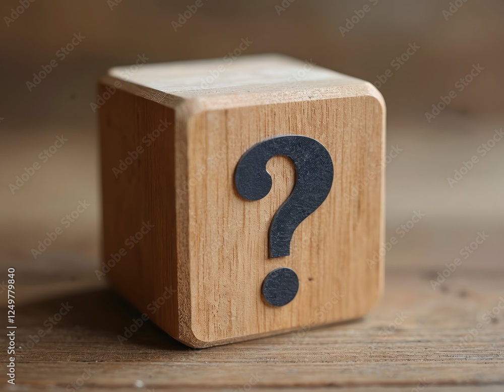 Poster wooden block cube shows question mark symbol. simple object represents unknown, problem. represents 