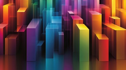 Colorful abstract 3D blocks, city skyline, background reflection, tech design