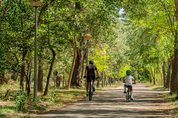 Latin father and son riding bikes together on springtime on a path through the woods