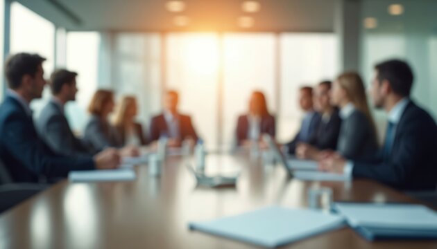 Business people engaged in round table discussion in conference room. Blurred image business partners meeting. Interior setting highlights modern business lifestyle, corporate convention. Focused on