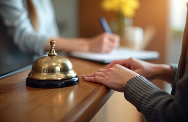 Woman checking in at hotel reception. Guest filling out forms. Hotel staff handling paperwork. Inside hotel lobby. Modern hotel. Formal business environment. Professional service.