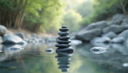 Obraz premium Balanced stones create tranquil scene on still water. Reflections of stones show harmony, balance. Natural light bathes waterside, creating serene setting. Calmness, peace evident in scene. Water