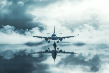 Obraz premium Man awaits plane landing, stormy clouds, runway reflection, travel