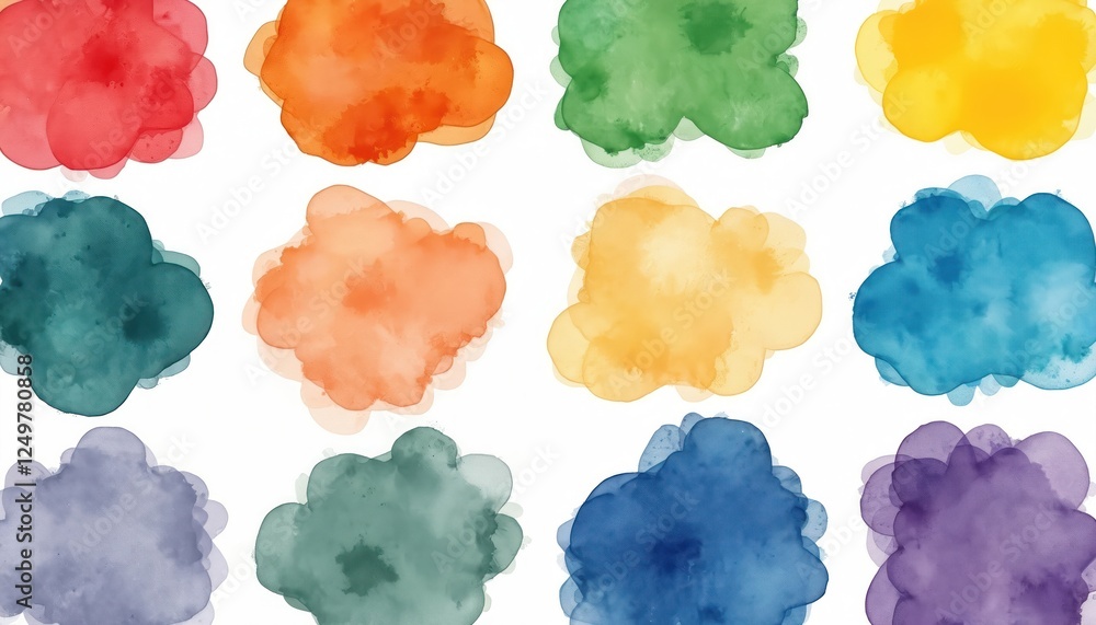 Poster abstract watercolor blobs arranged on white background. colorful, vibrant pigments create soft shape