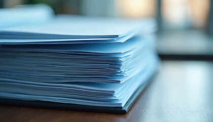 Stack of light blue documents rests on table. Policy documents, compliance implied. Image suggests business setting. Organization, control key themes. Minimal style, blue color palette highlight
