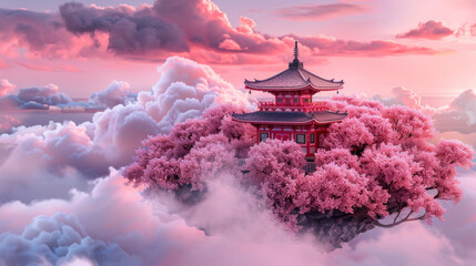 Fototapeta premium Temple Above the Clouds: A serene pagoda adorned with cherry blossoms, gracefully ascends into a celestial expanse of soft pink clouds, evoking a sense of tranquility and ethereal beauty.