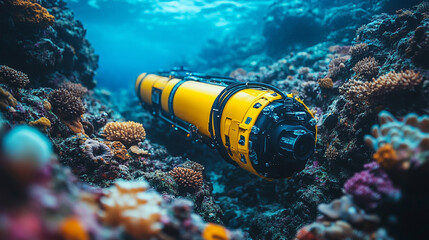 A remotely operated underwater vehicle with cables on the seabed, surrounded by colorful corals, symbolizing technological exploration in harmony with nature, with a blurred empty background space
