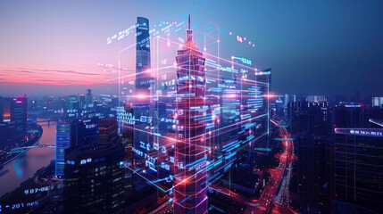 Smart City at Dawn: A futuristic cityscape at dawn,  layered with vibrant digital data streams, illustrating the interconnectedness of a smart city.