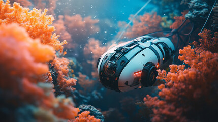 A remotely operated underwater vehicle with cables on the seabed, surrounded by colorful corals, symbolizing technological exploration in harmony with nature, with a blurred empty background space