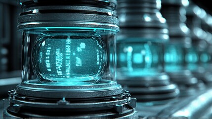 Futuristic technology cylinders glowing with data displays in a machine room