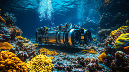 A remotely operated underwater vehicle with cables on the seabed, surrounded by colorful corals, symbolizing technological exploration in harmony with nature, with a blurred empty background space