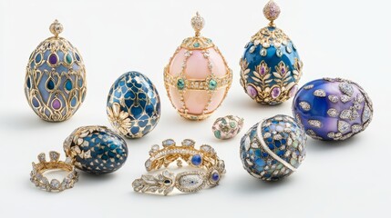 Set of different luxury item collection - precious jewelry golden Faberge eggs. Decorative ceramic easter egg for jewellery. Eggs isolated on white background