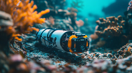 A remotely operated underwater vehicle with cables on the seabed, surrounded by colorful corals, symbolizing technological exploration in harmony with nature, with a blurred empty background space