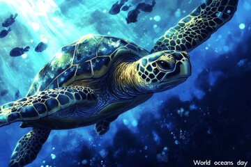 Sea turtle swimming gracefully in a vibrant underwater scene during World Oceans Day celebration